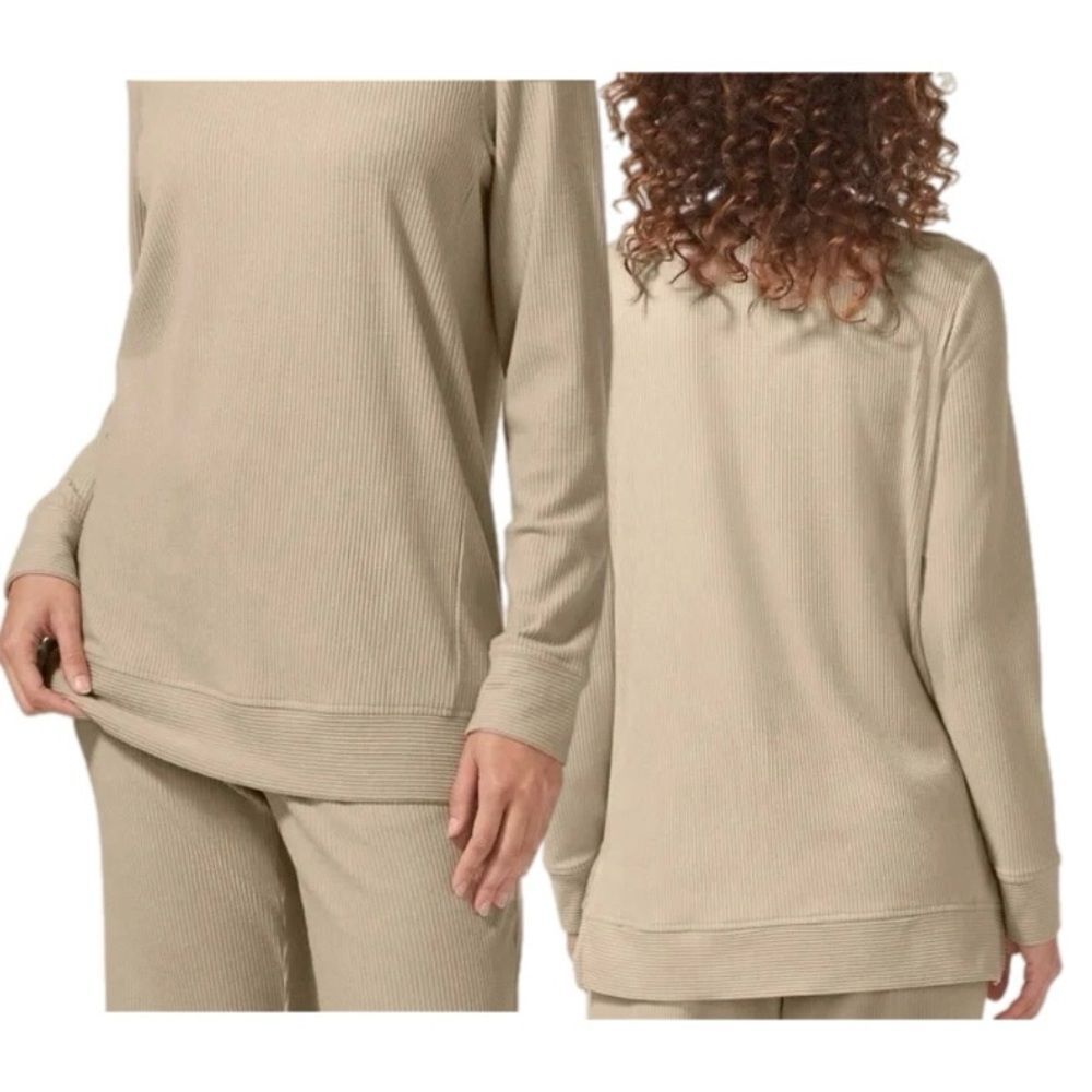 Tommy John Zen Ribbed Long Sleeve Crew Neck Top in Beige Cream Size XS